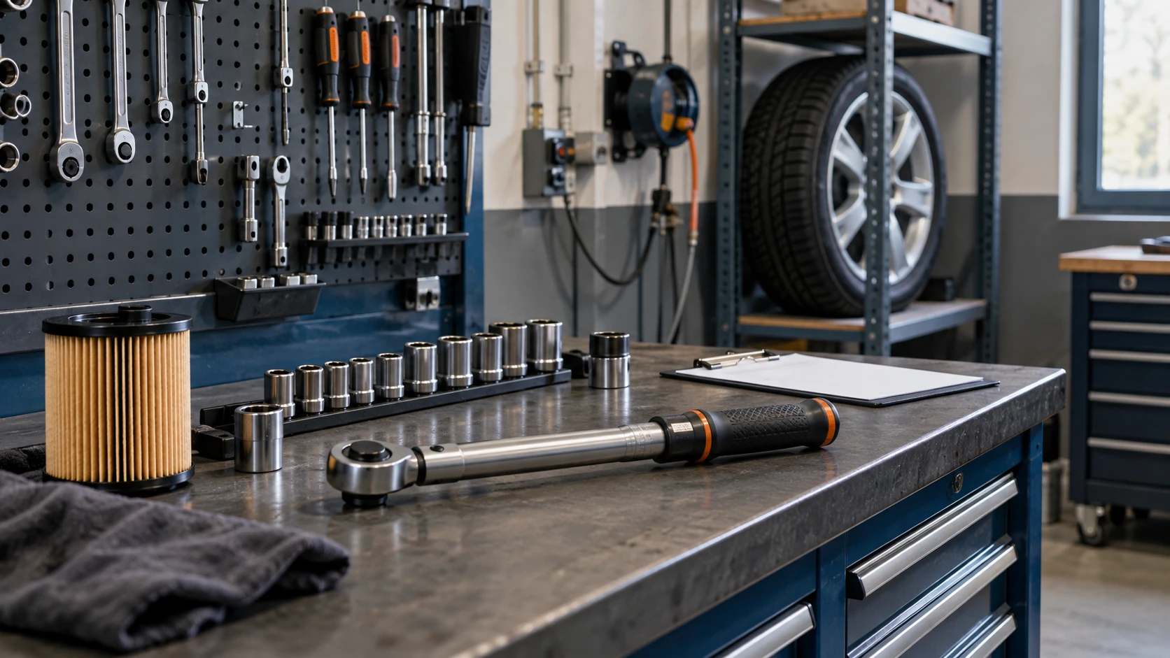 AI-illustratie van gereedschap en inspectiemateriaal voor auto-onderhoud