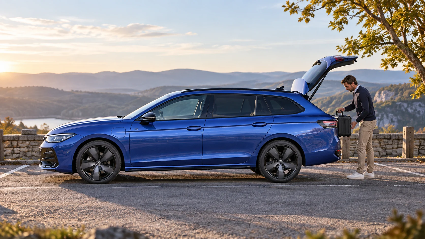 AI-sfeerbeeld van een Volkswagen Passat Variant B9 R-Line met een werkkoffer bij de bagageruimte.