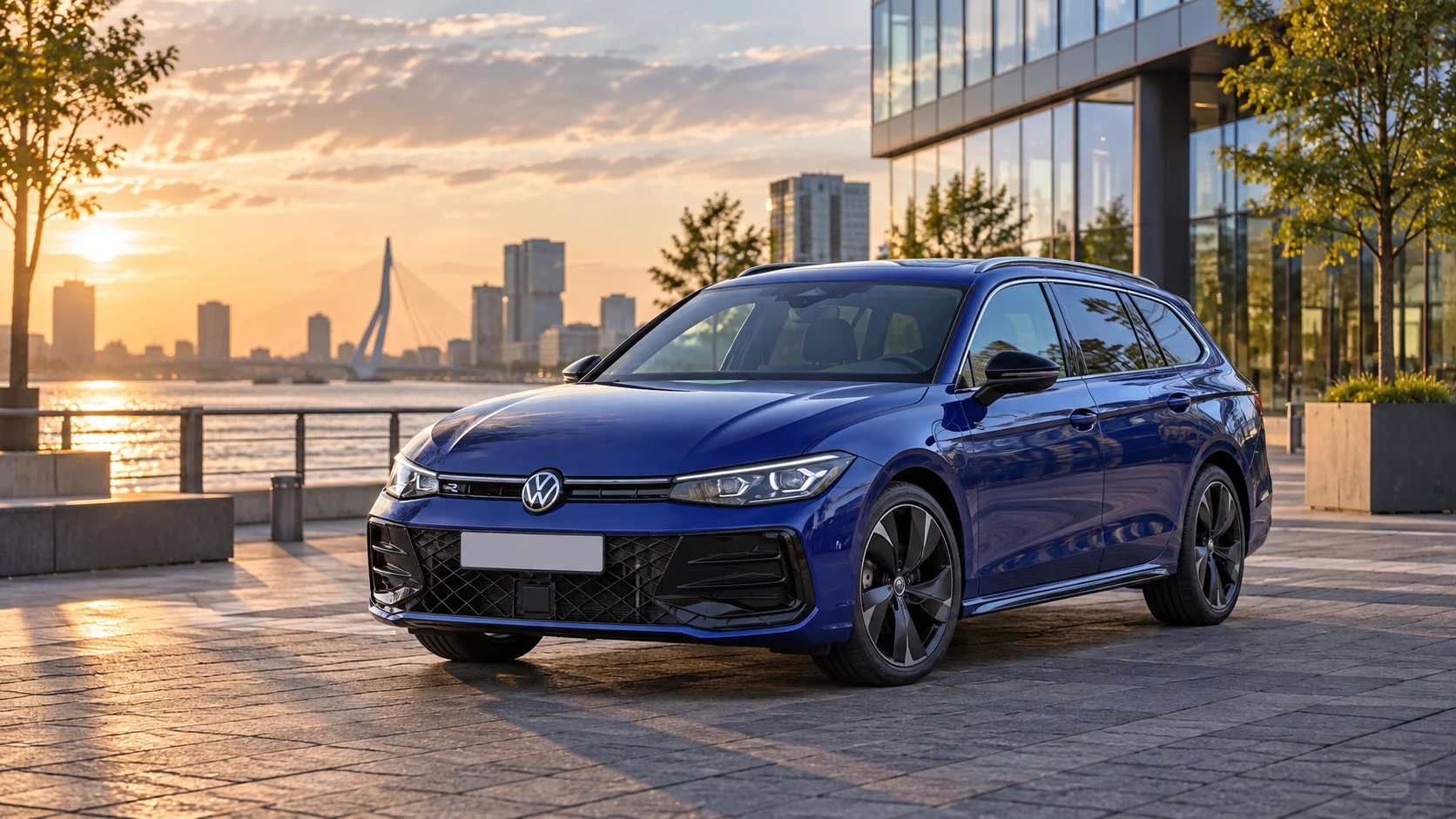 AI-sfeerbeeld van een Volkswagen Passat Variant B9 R-Line bij een stedelijke rivierboulevard.