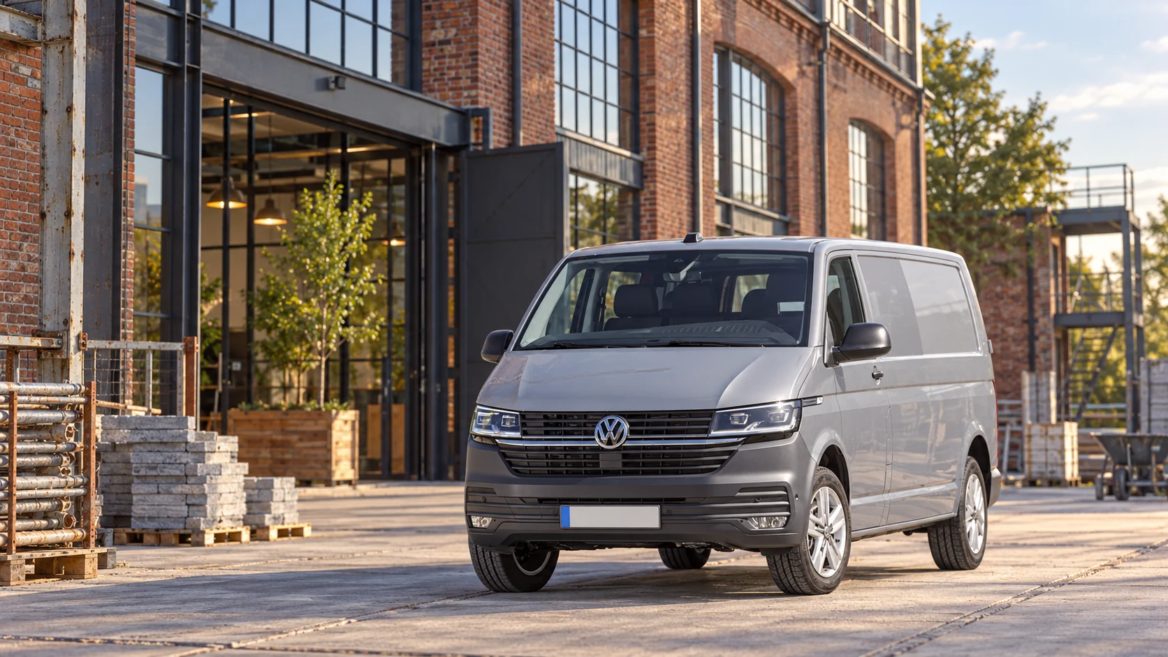 AI-sfeerbeeld van een Volkswagen Transporter T6.1 met lange wielbasis bij een industri&euml;le hal.