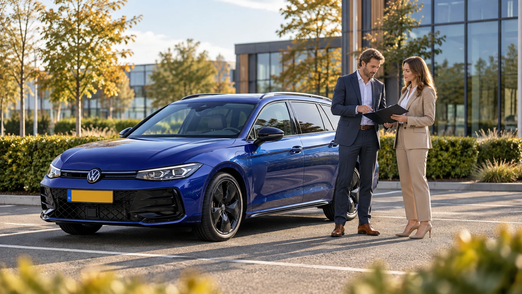 AI-sfeerbeeld van twee ondernemers naast een Volkswagen Passat Variant.