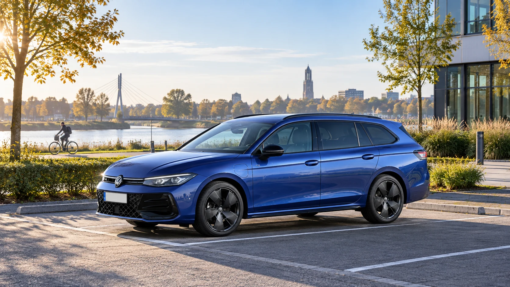 AI-sfeerbeeld van een Volkswagen Passat Variant B9 R-Line bij een kantoorparkeerplaats en kanaal.