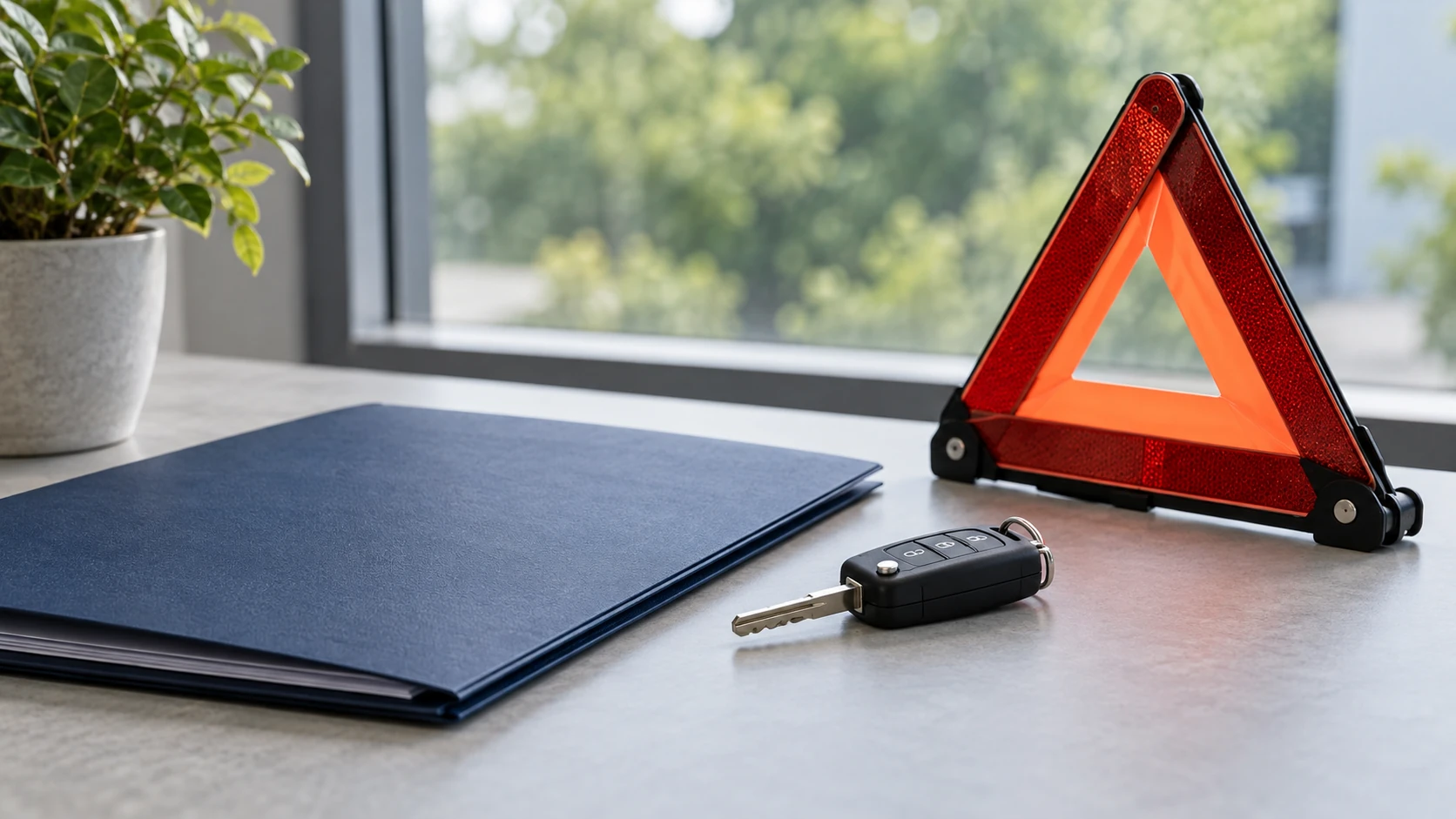 AI-illustratie van een autosleutel, veiligheidsmateriaal en een verzekeringsdossier