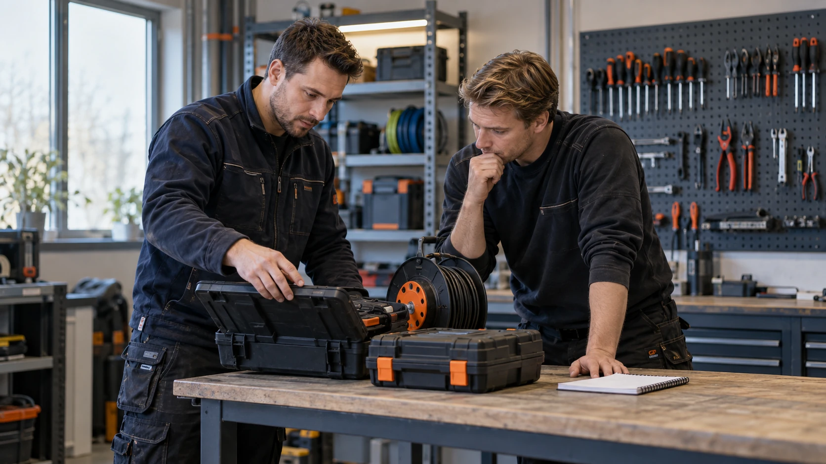 AI-illustratie van twee vennoten die de uitrusting voor hun werkzaamheden bespreken