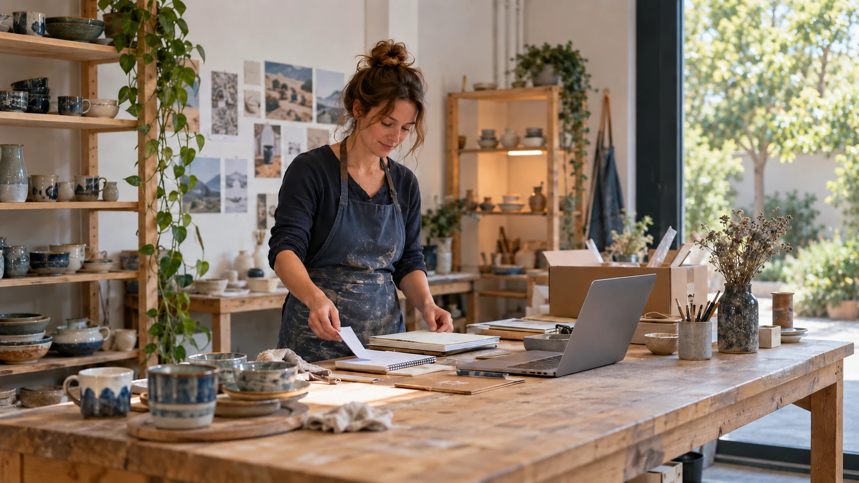 AI-sfeerbeeld van een beginnende ondernemer aan een werktafel in een keramiekatelier.