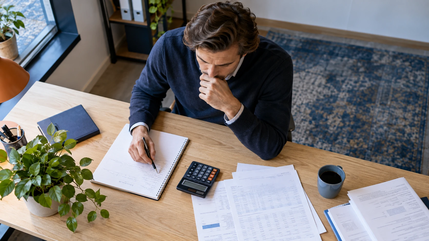 AI-sfeerbeeld van een zakelijke budgetvoorbereiding met documenten en rekenmachine.