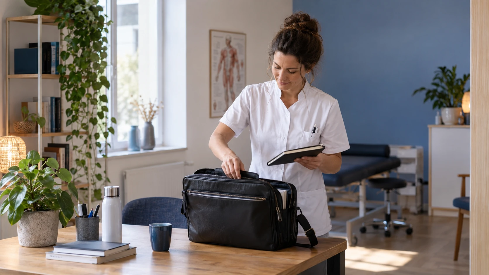 AI-sfeerbeeld van een zorgprofessional die een werkkoffer in een praktijkruimte voorbereidt.