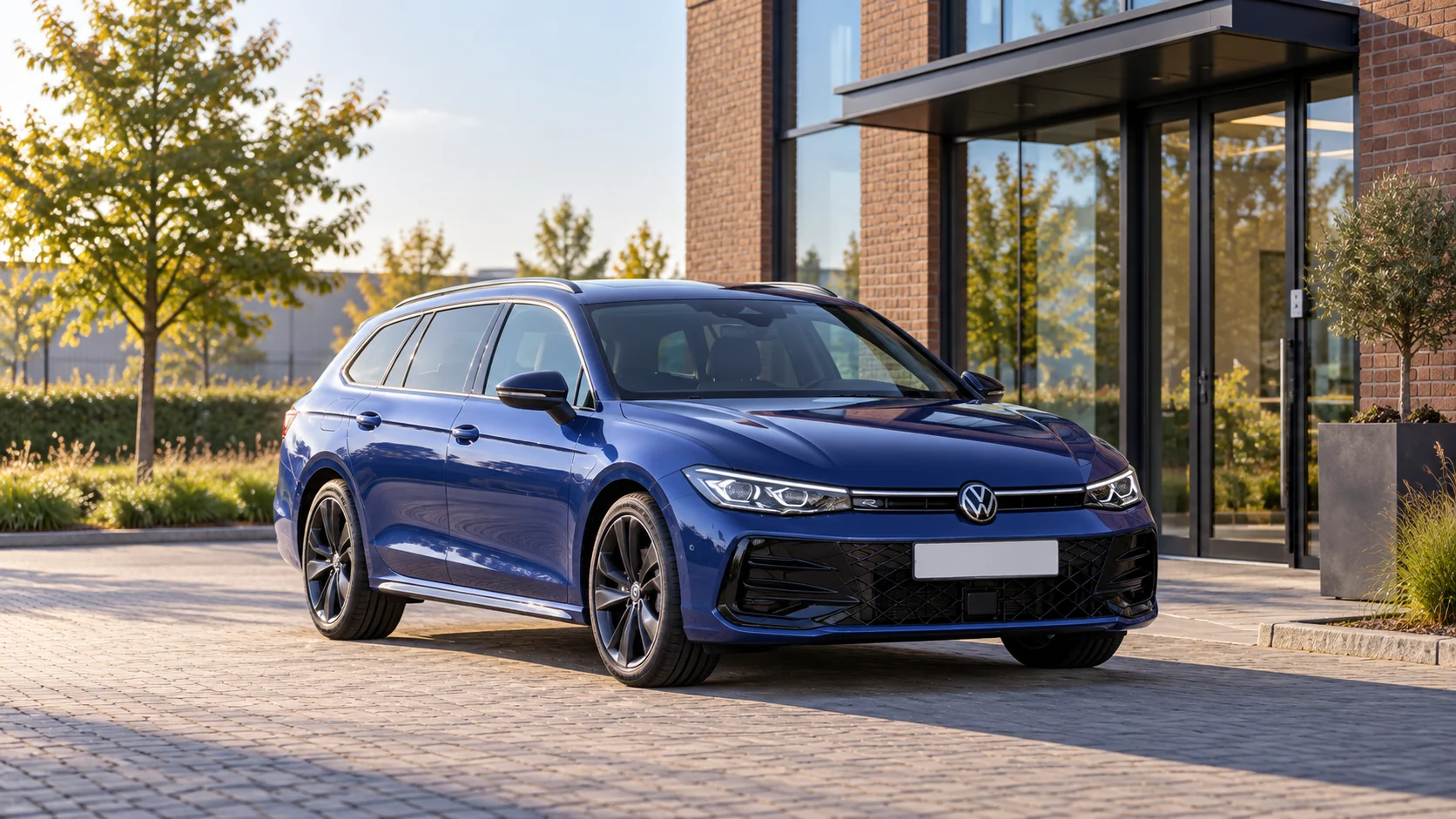 AI-sfeerbeeld van een Volkswagen Passat Variant B9 R-Line bij een bakstenen bedrijfsentree.