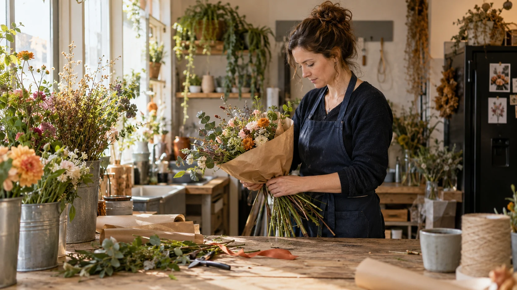 AI-sfeerbeeld van een zelfstandig ondernemer die een bloemenbestelling voorbereidt