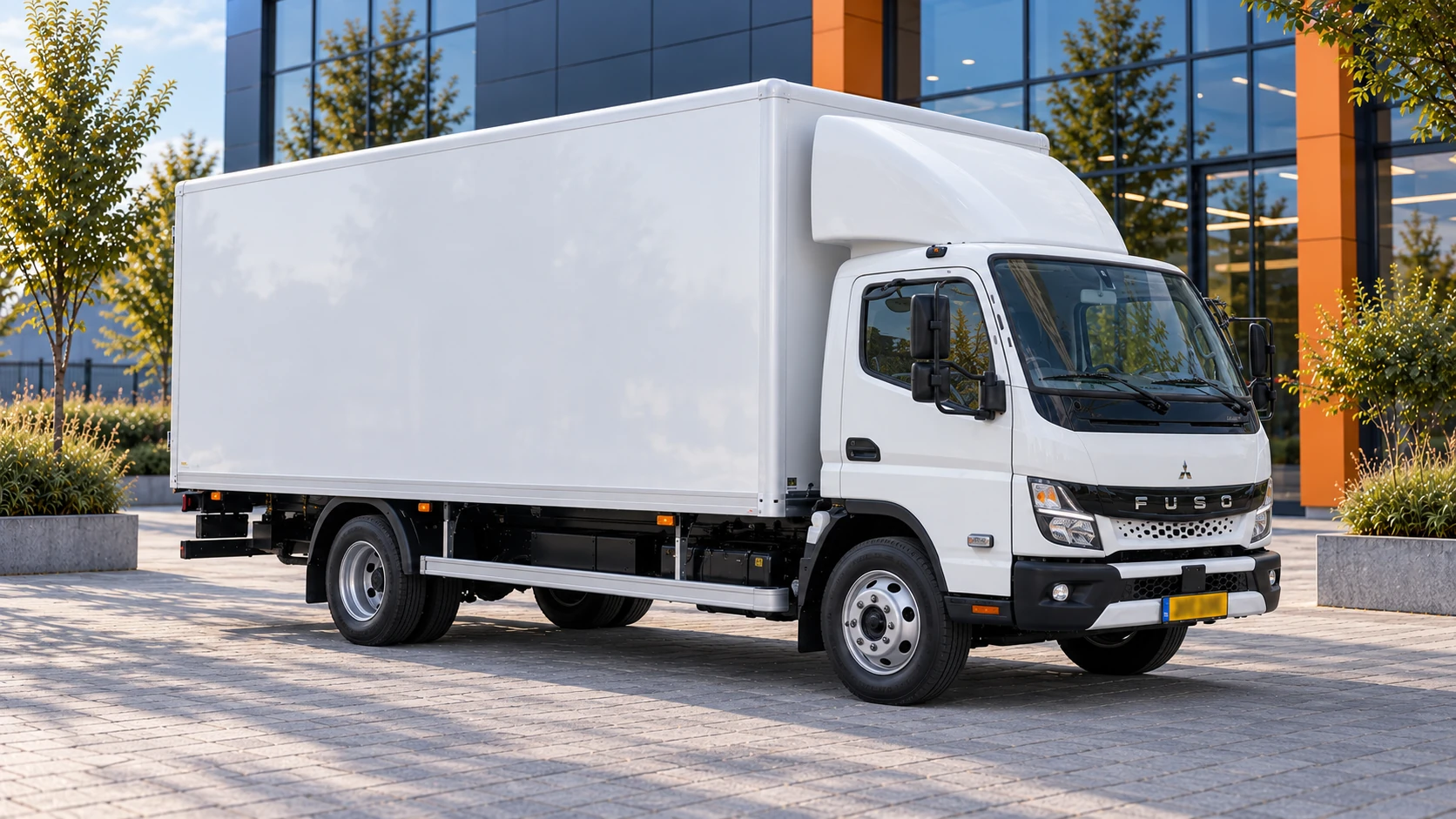 Zijaanzicht van dezelfde witte FUSO Canter met gesloten laadbak