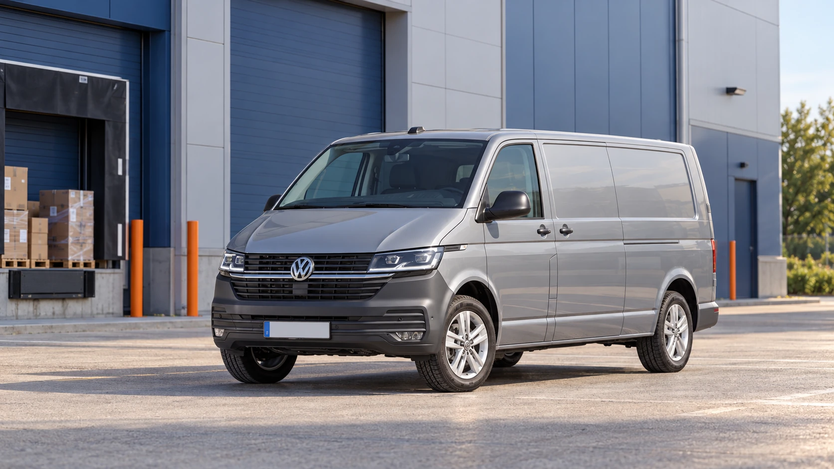 AI-sfeerbeeld van een gesloten Volkswagen Transporter T6.1 langs een magazijngevel.