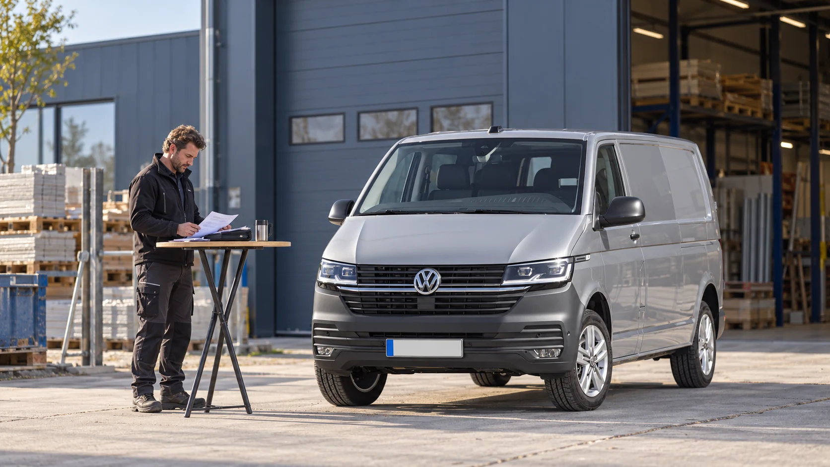 AI-sfeerbeeld van een Volkswagen Transporter T6.1 naast een ondernemer met voertuigdocumenten.
