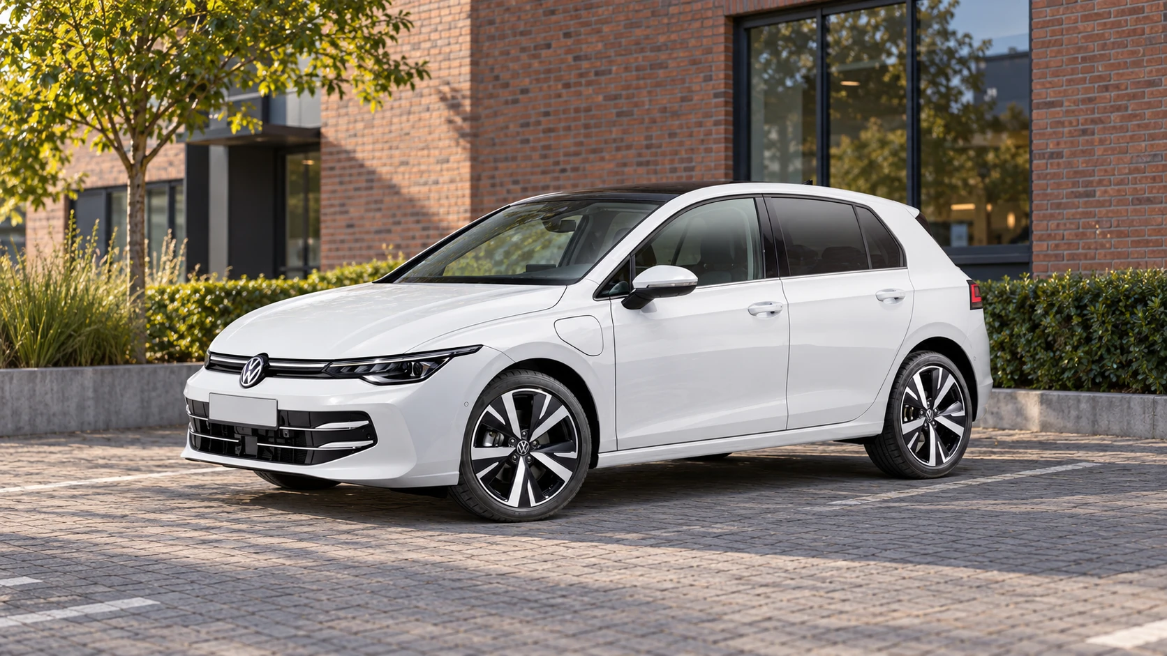 AI-sfeerbeeld van een Volkswagen Golf eHybrid hatchback bij een zakelijke parkeerplaats.