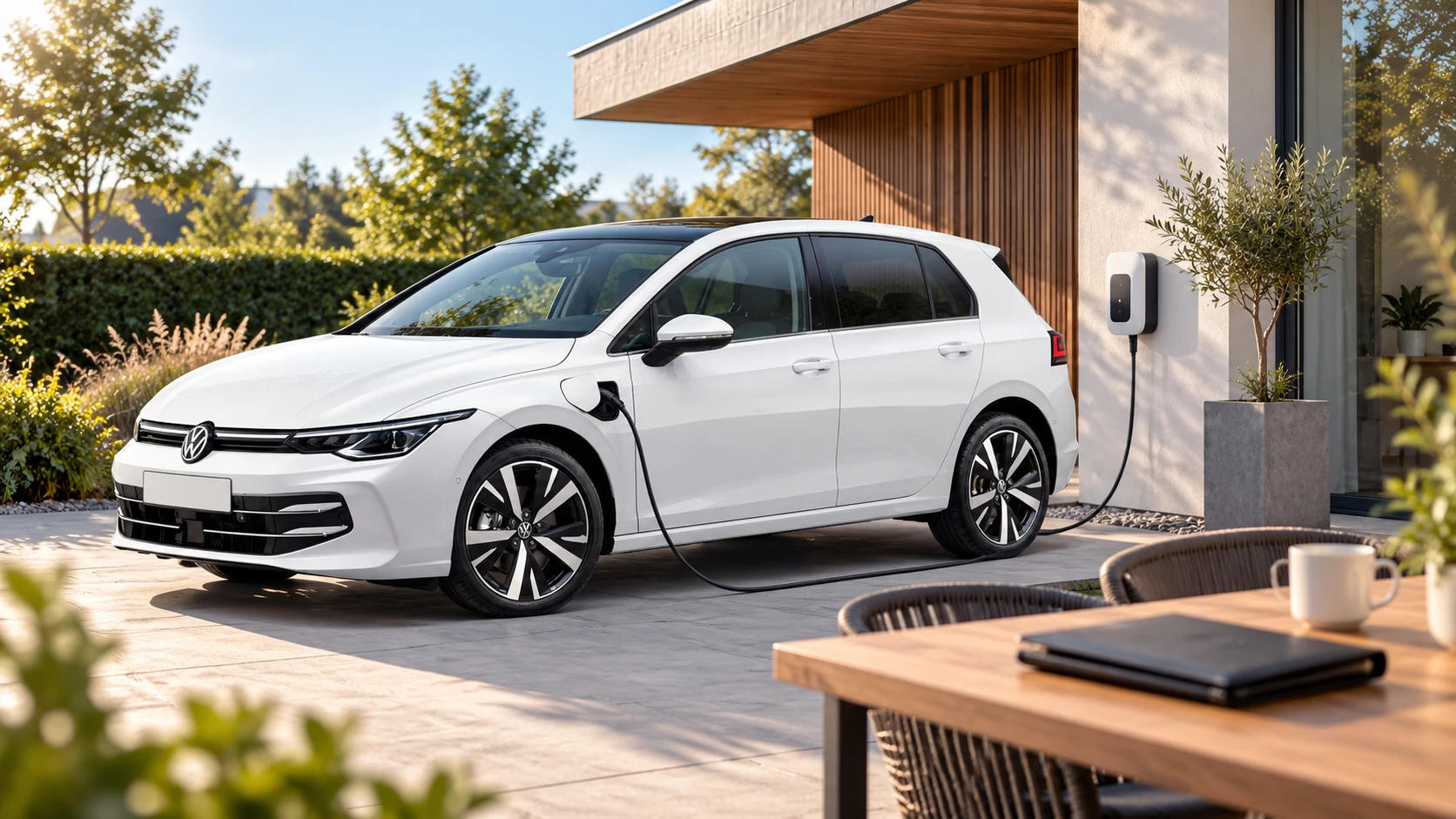 AI-sfeerbeeld van een Volkswagen Golf eHybrid bij een woning met laadpunt.