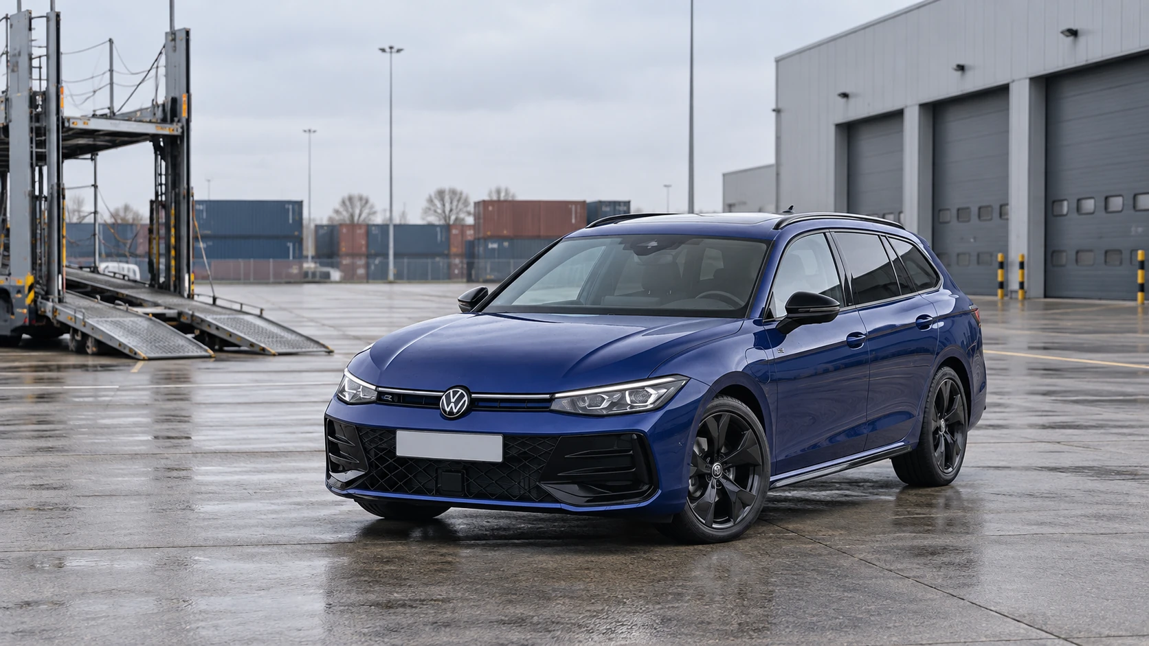 AI-bewerking van een Volkswagen Passat Variant op een logistieke aankooplocatie
