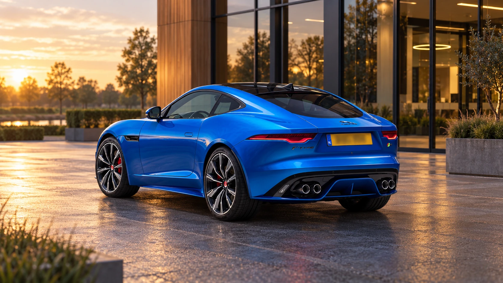 Dezelfde blauwe Jaguar F-Type Coup&eacute;, schuin van achteren