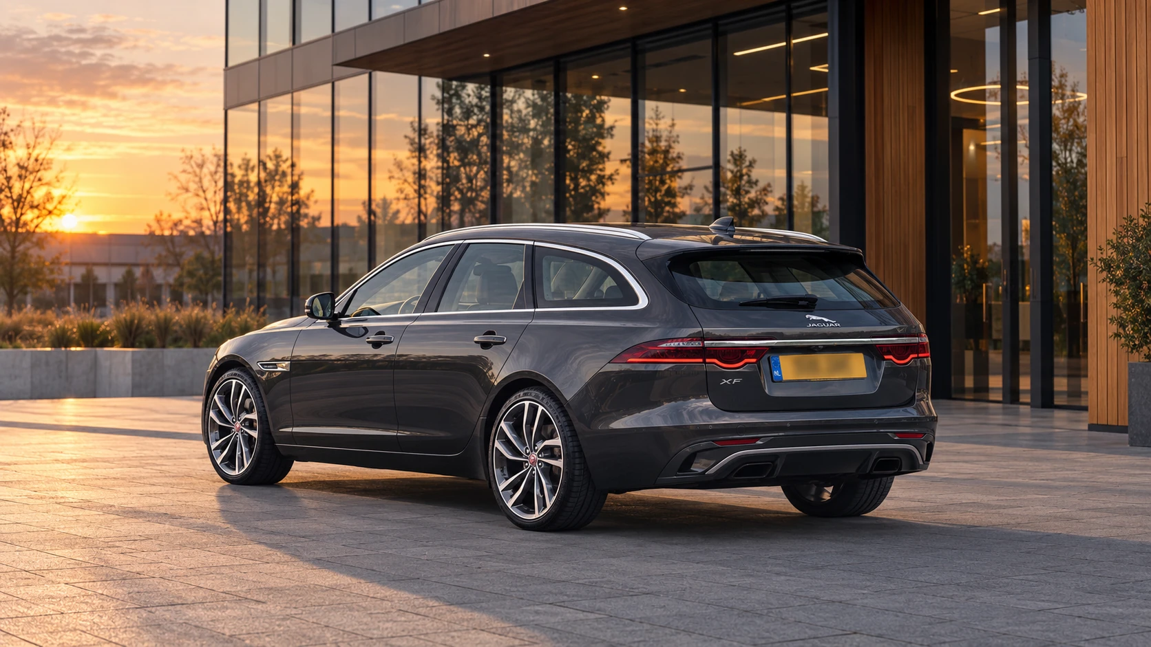 Dezelfde donkergrijze Jaguar XF Sportbrake, schuin van achteren