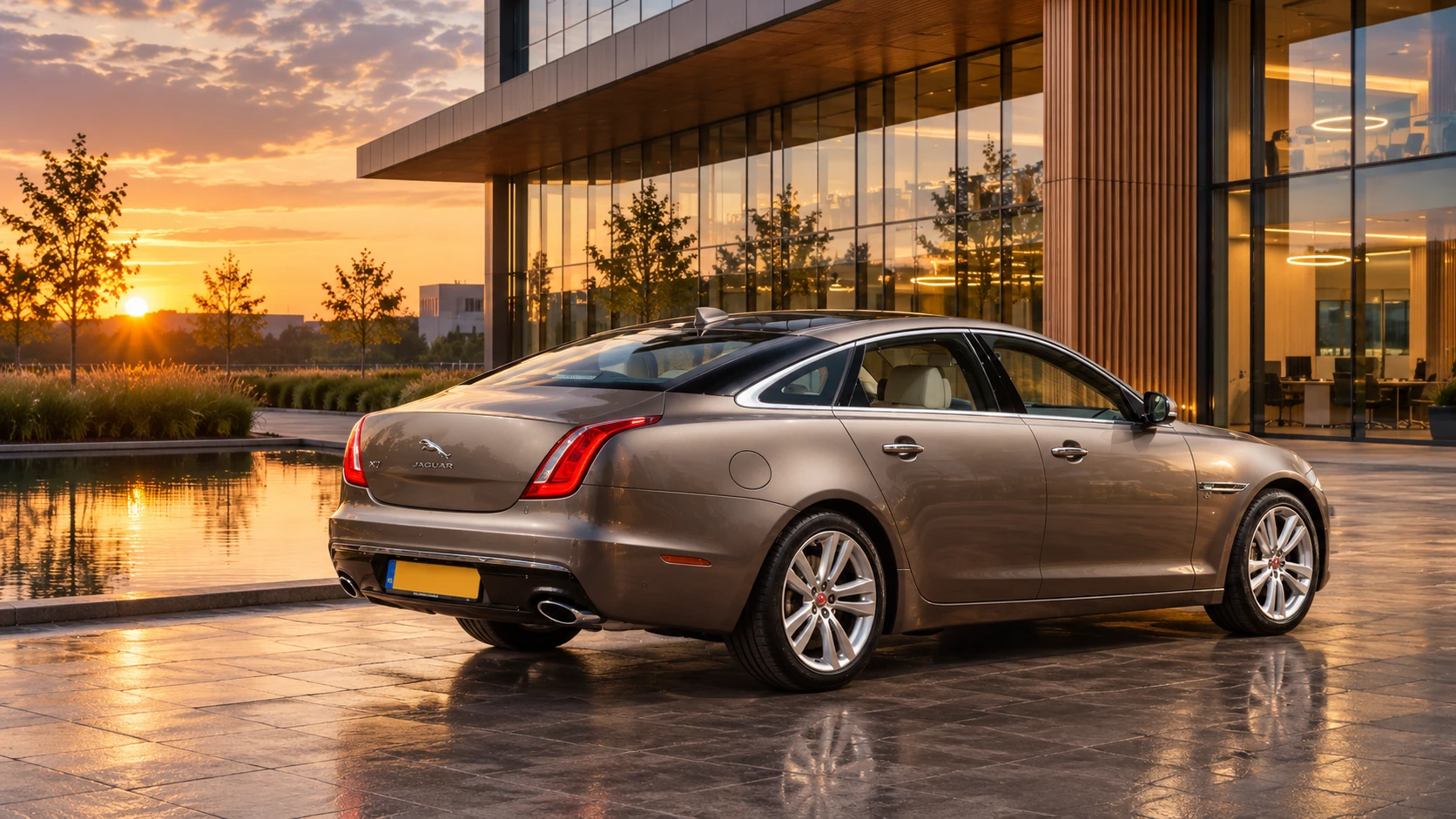 Dezelfde bronskleurige Jaguar XJ van de faceliftgeneratie, schuin van achteren