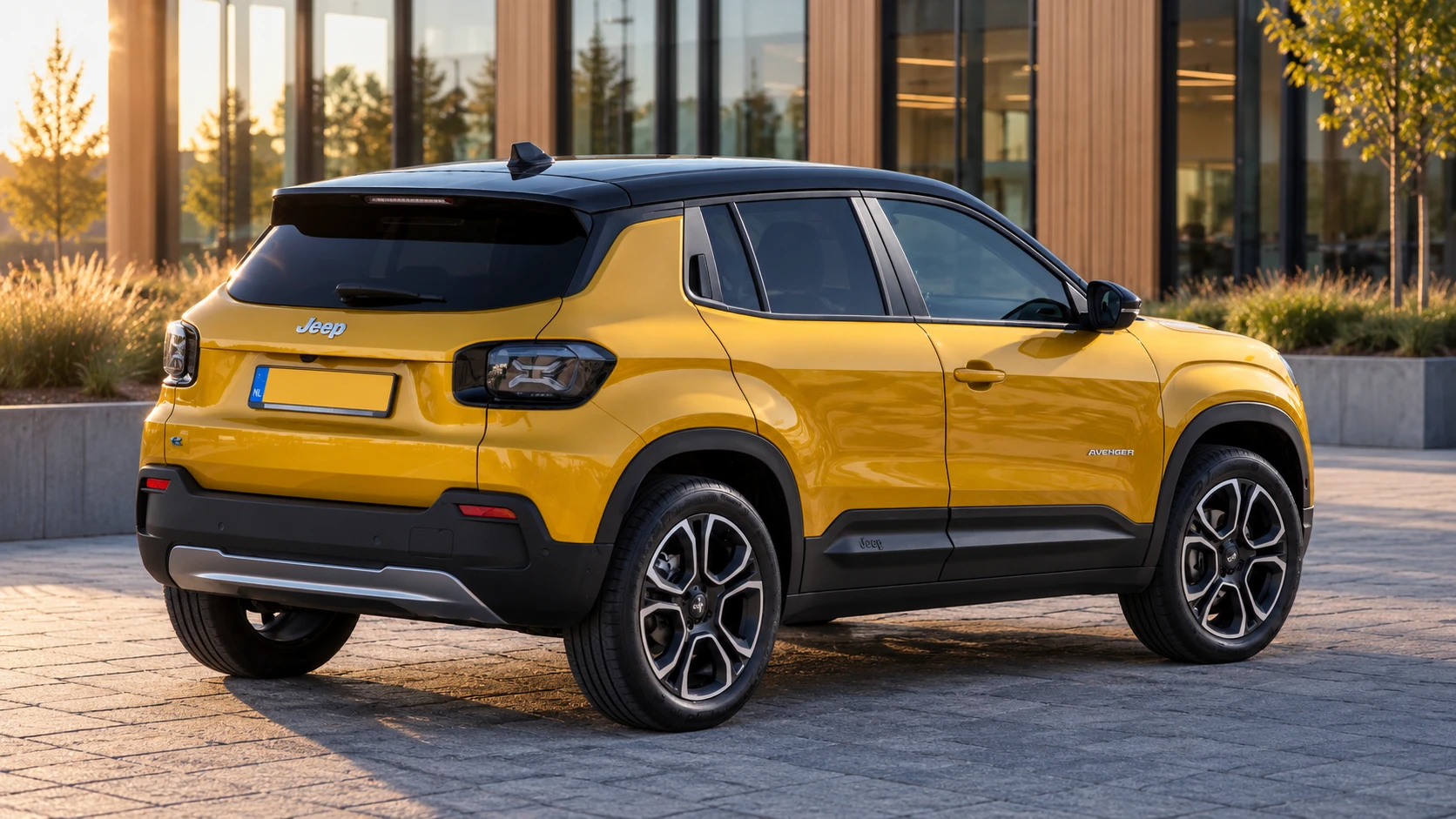 Dezelfde gele Jeep Avenger met zwart dak, schuin van achteren