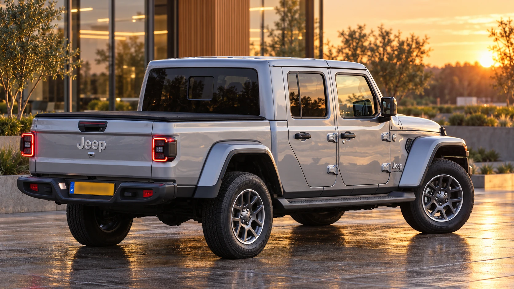 Dezelfde zilvergrijze Jeep Gladiator pick-up, schuin van achteren