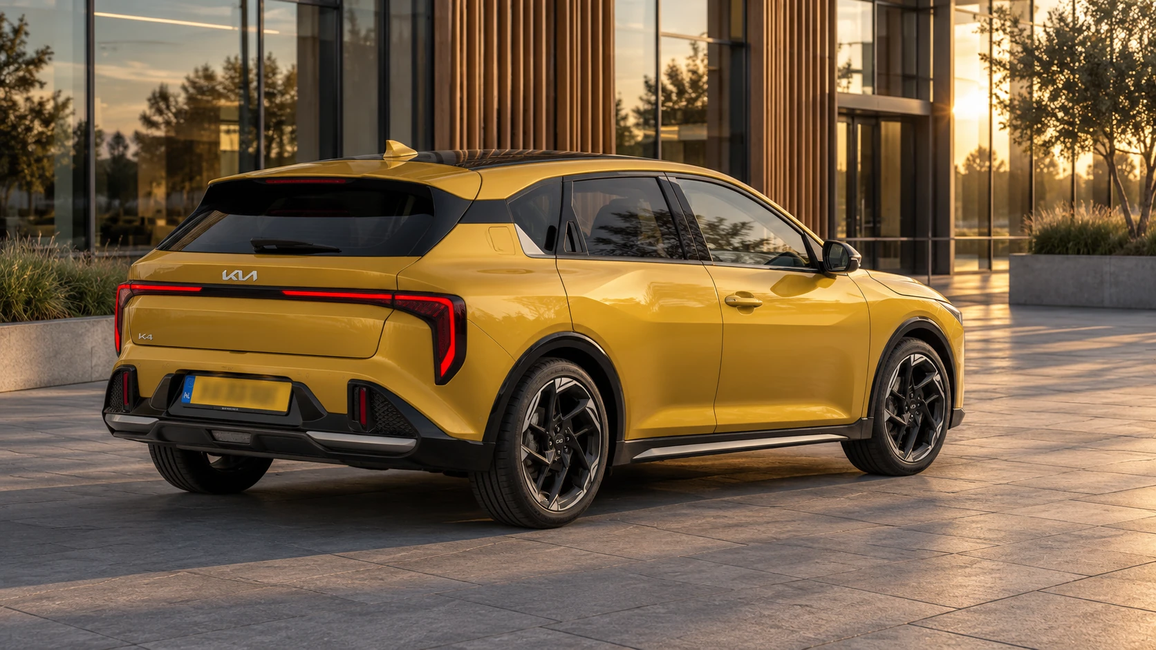 Dezelfde gele Kia K4 hatchback, schuin van achteren