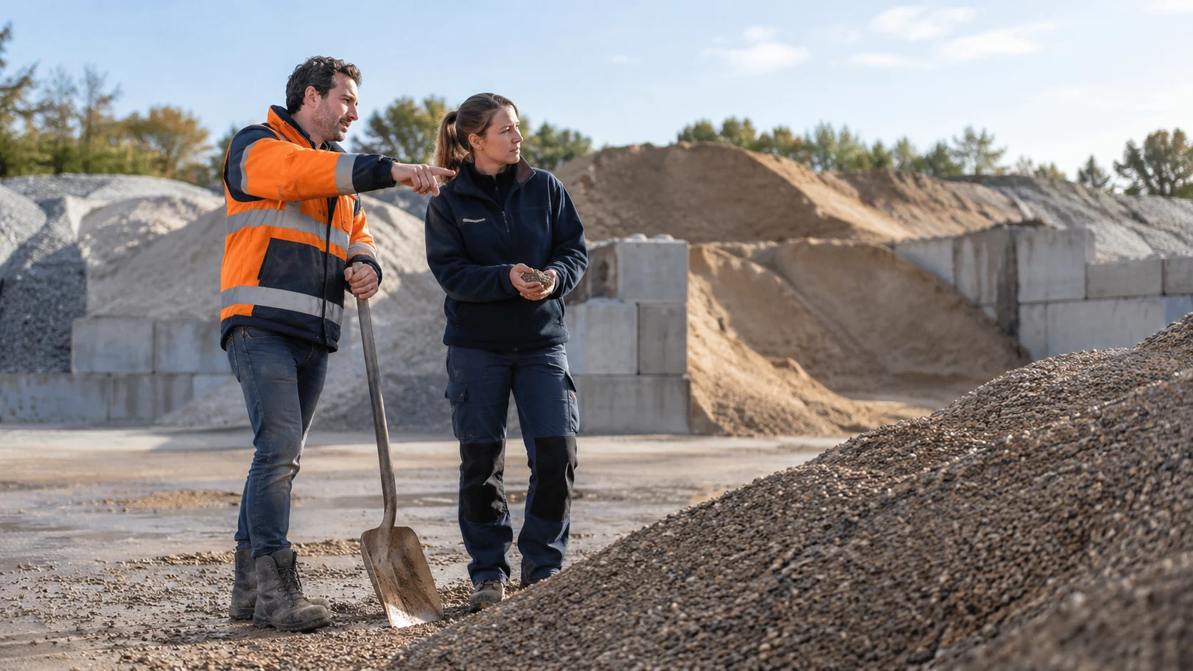 AI-sfeerbeeld van twee buitenwerkers die zand en grind beoordelen.