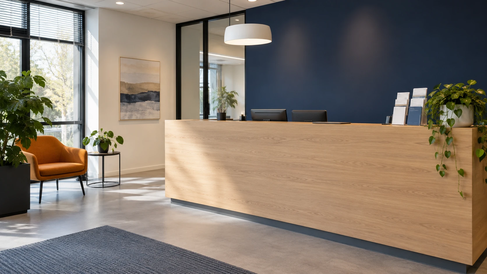 AI-illustratie van een ontvangstruimte voor zakelijke informatie en advies