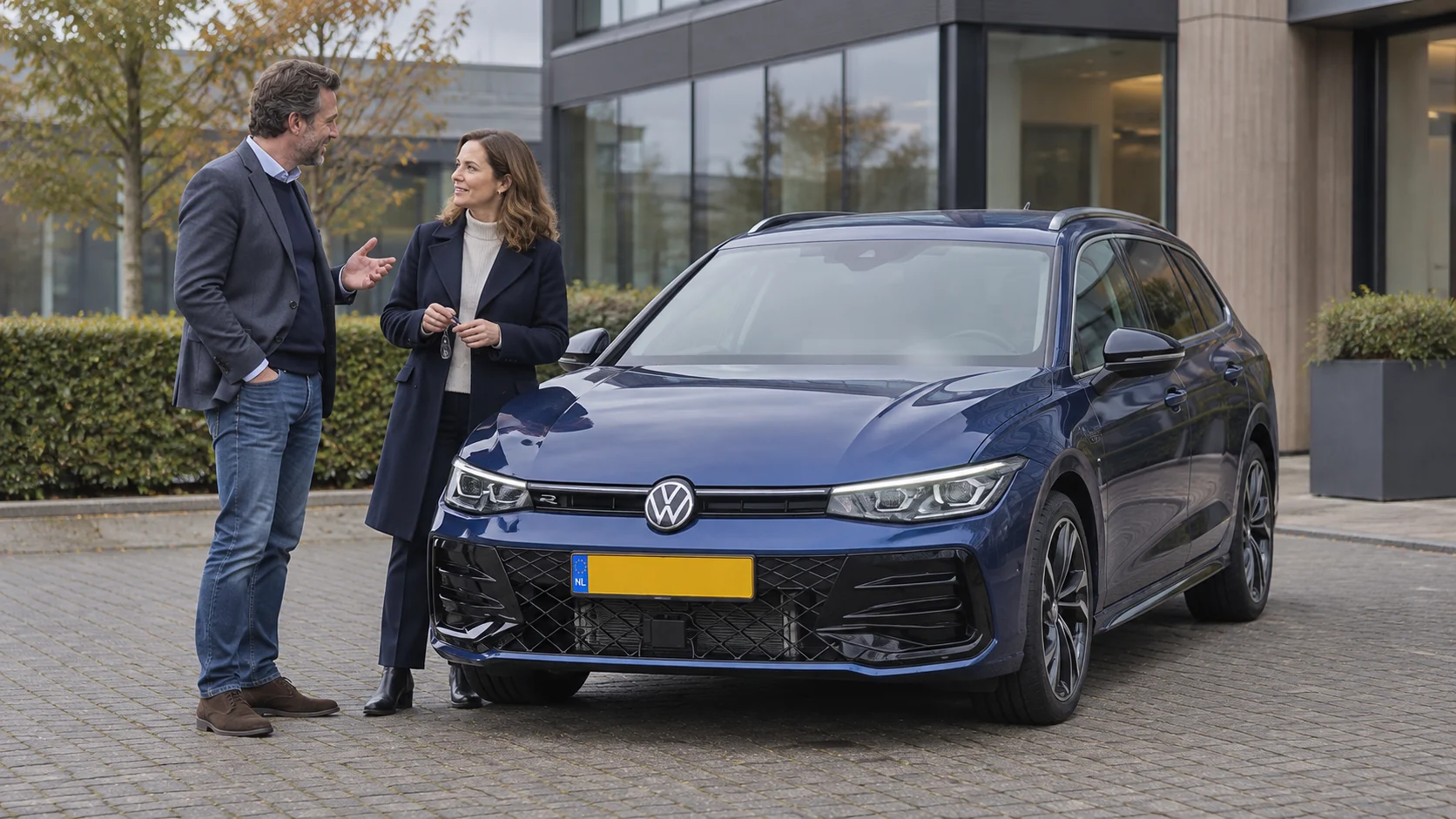 Illustratieve Volkswagen Passat Variant met twee zakelijke bestuurders