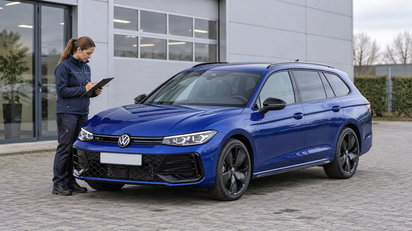 AI-sfeerbeeld van een Volkswagen Passat Variant B9 R-Line bij een occasioncontrole; geen actuele voorraadaanbieding