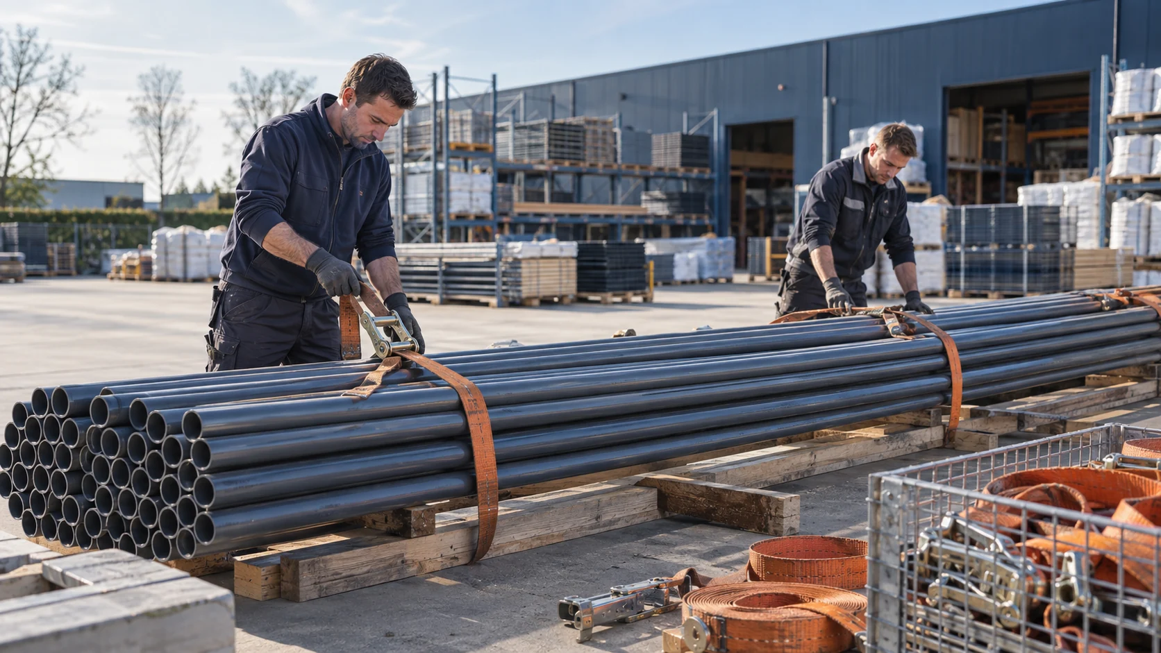 AI-sfeerbeeld van vakmensen die leidingbundels en vastzetmateriaal voorbereiden.