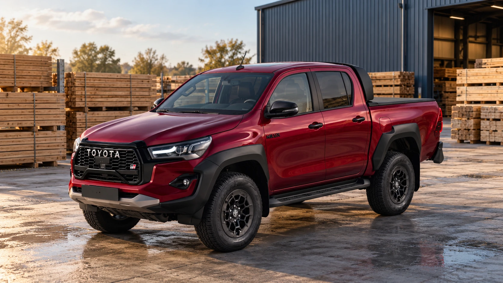 AI-sfeerbeeld van een Toyota Hilux GR Sport II bij een zakelijke buitenwerkplaats.