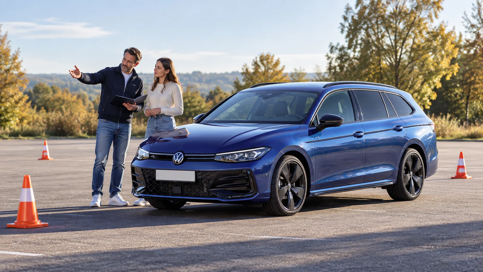 AI-sfeerbeeld van rijinstructie naast een Volkswagen Passat Variant B9 R-Line.
