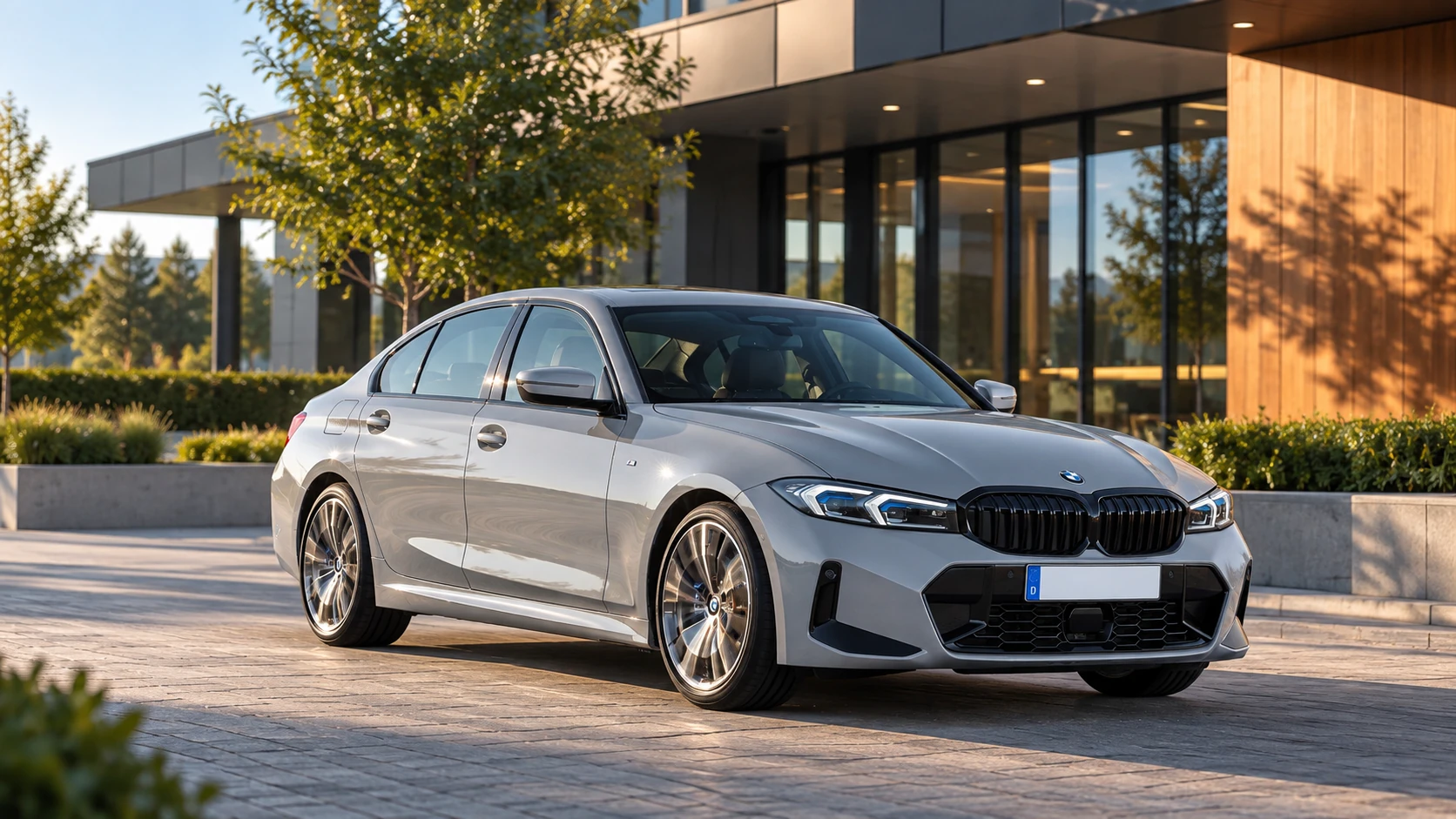 AI-sfeerbeeld van een BMW 3-serie sedan bij een kantooroprit.