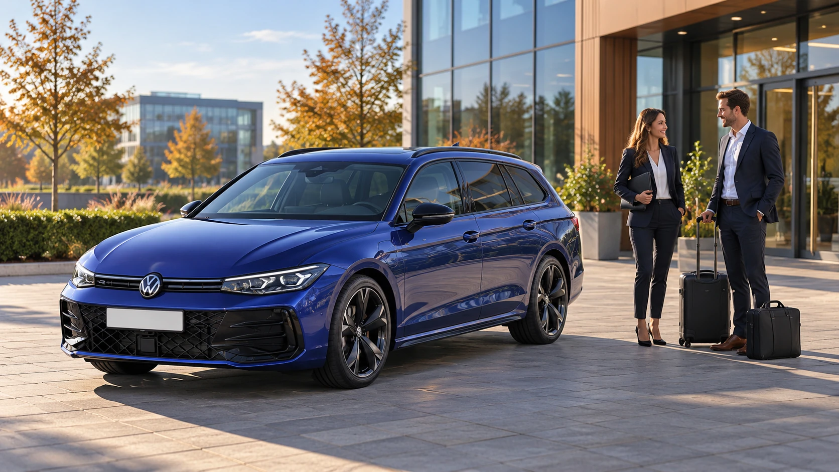 AI-sfeerbeeld van een Volkswagen Passat Variant op een kantoorterrein.