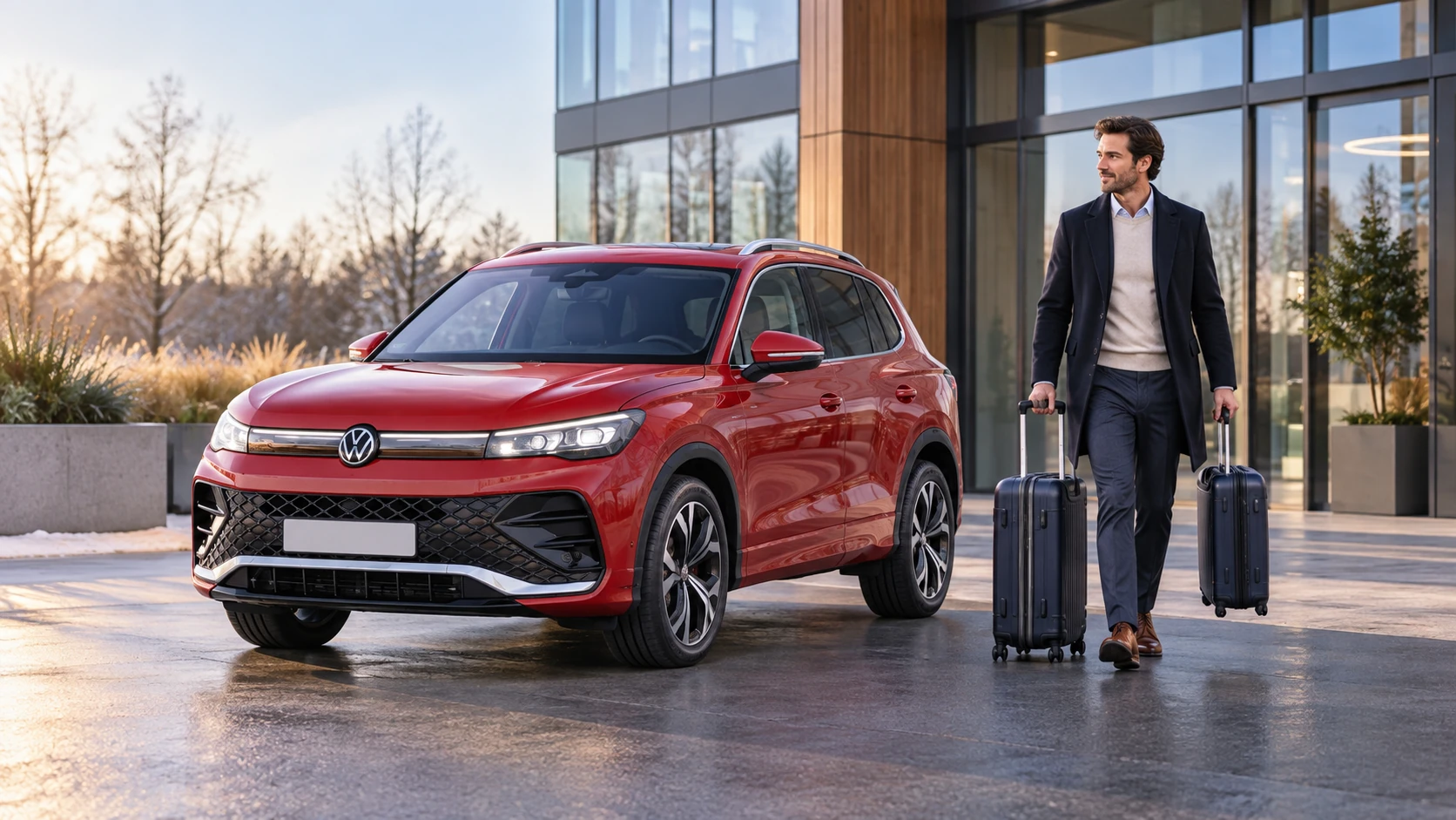 AI-sfeerbeeld van een Volkswagen Tiguan naast een ondernemer met werkkoffers.