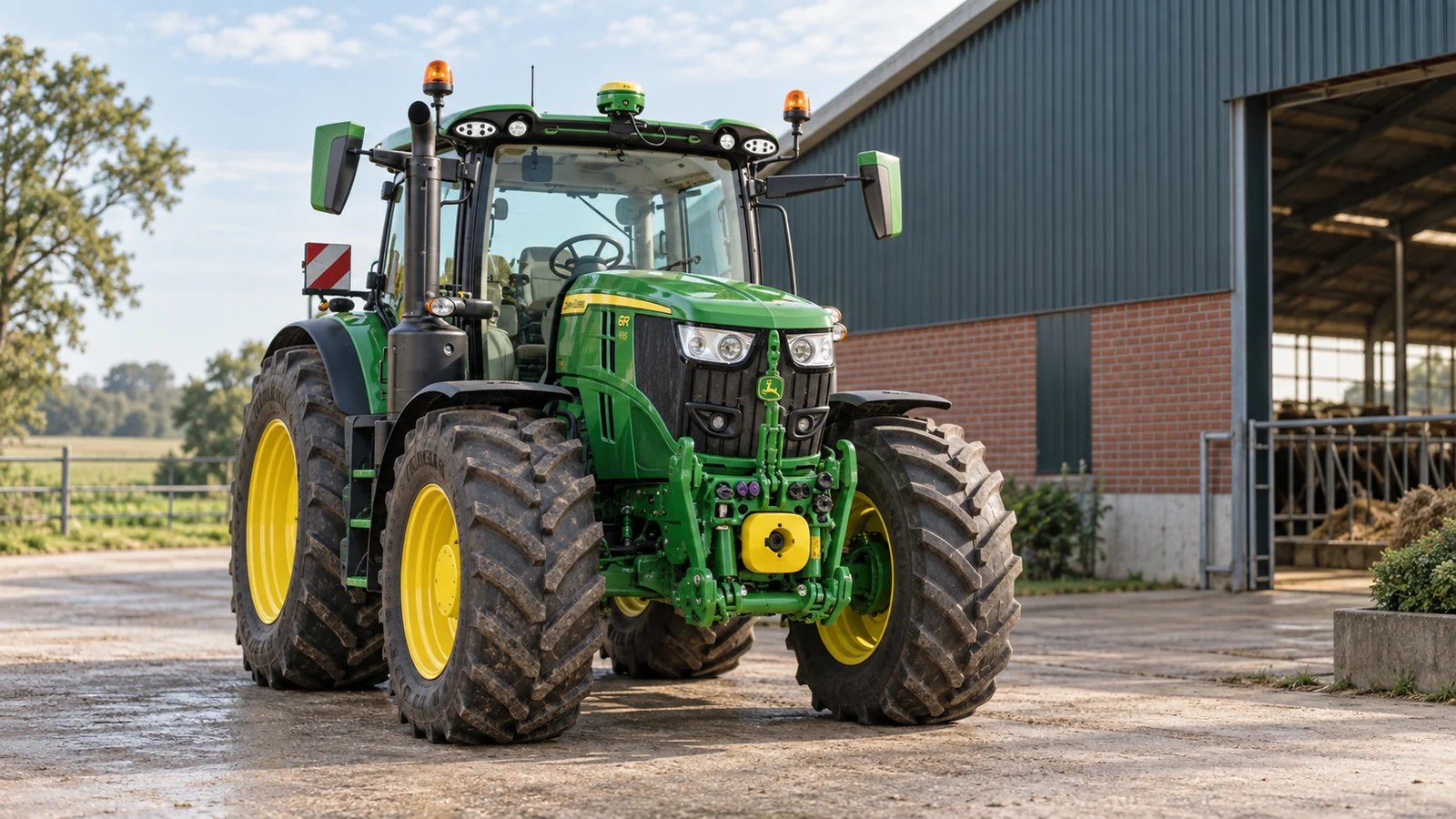 John Deere 6R 185 landbouwtractor bij een agrarisch bedrijf