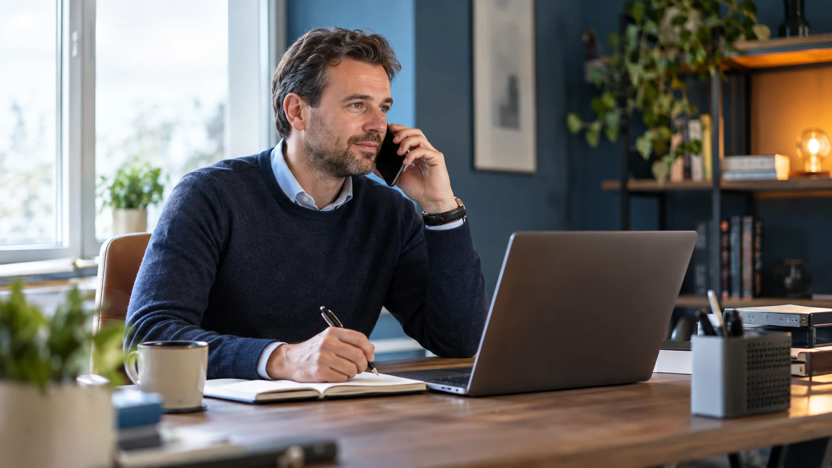AI-sfeerbeeld van een ondernemer die telefonisch overlegt en een notitie maakt.