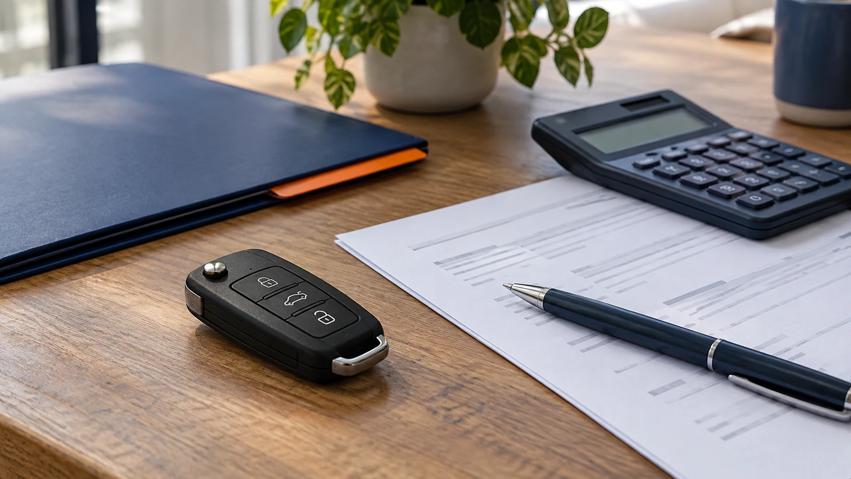 AI-sfeerbeeld van autosleutels, een calculator en financieringspapieren; geen echte klantdocumenten