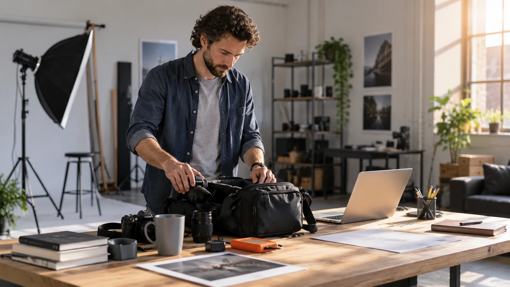 AI-sfeerbeeld van een fotograaf die een offerte en werkkoffer in zijn studio voorbereidt.