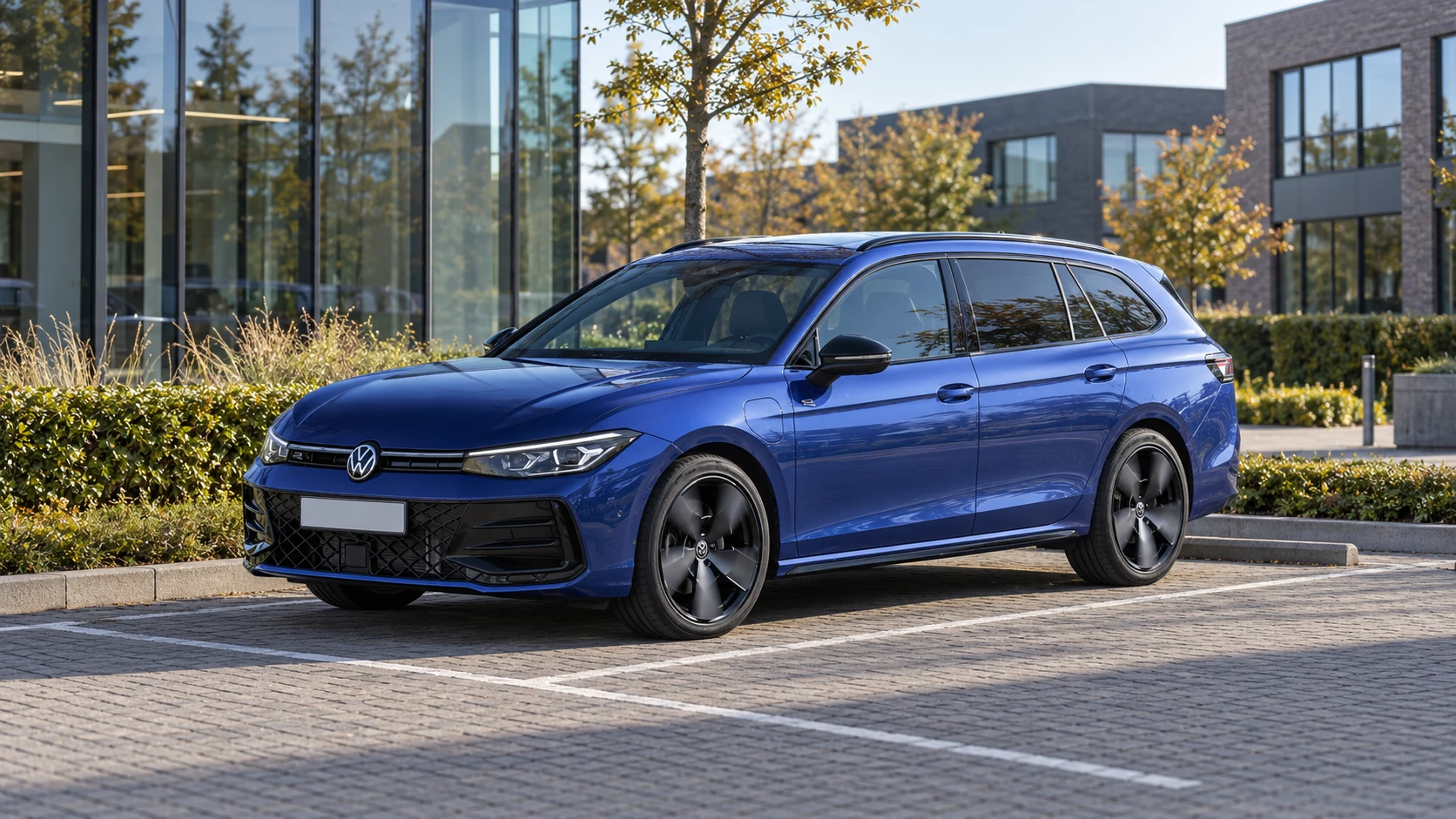 AI-bewerking van een Volkswagen Passat Variant bij een Nederlands bedrijfspand
