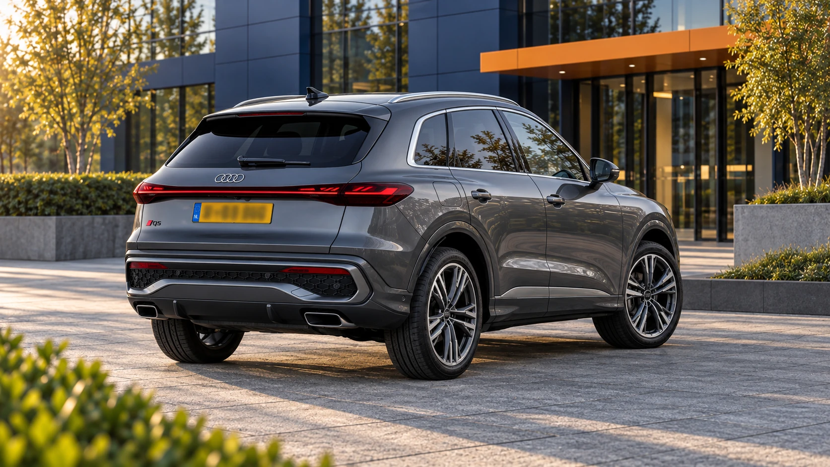 Achterzijde van een grijze Audi Q5 SUV van de derde generatie met doorlopende achterlichtstrip