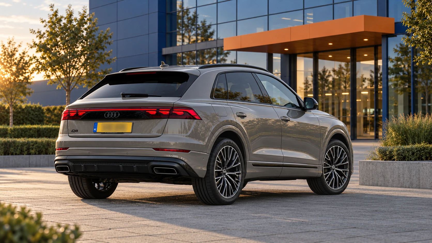 Achterzijde van een grijze Audi Q8 met facelift vanaf 2023 en doorlopende achterlichtstrip
