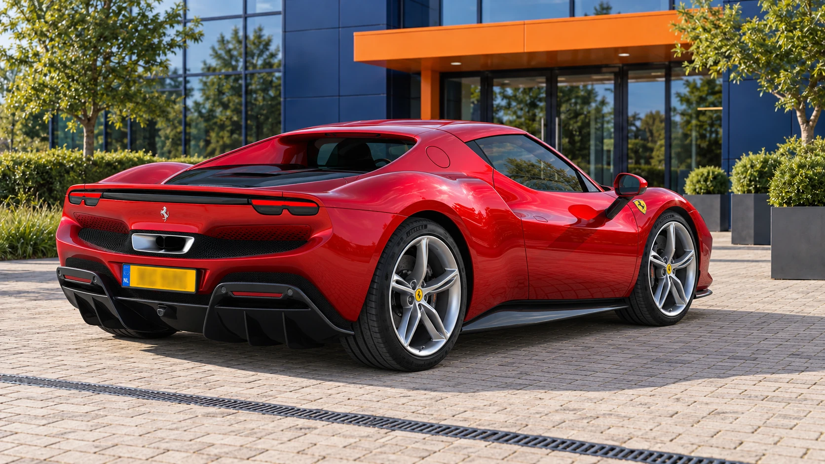 Achterzijde van dezelfde rode Ferrari 296 GTB Coupé