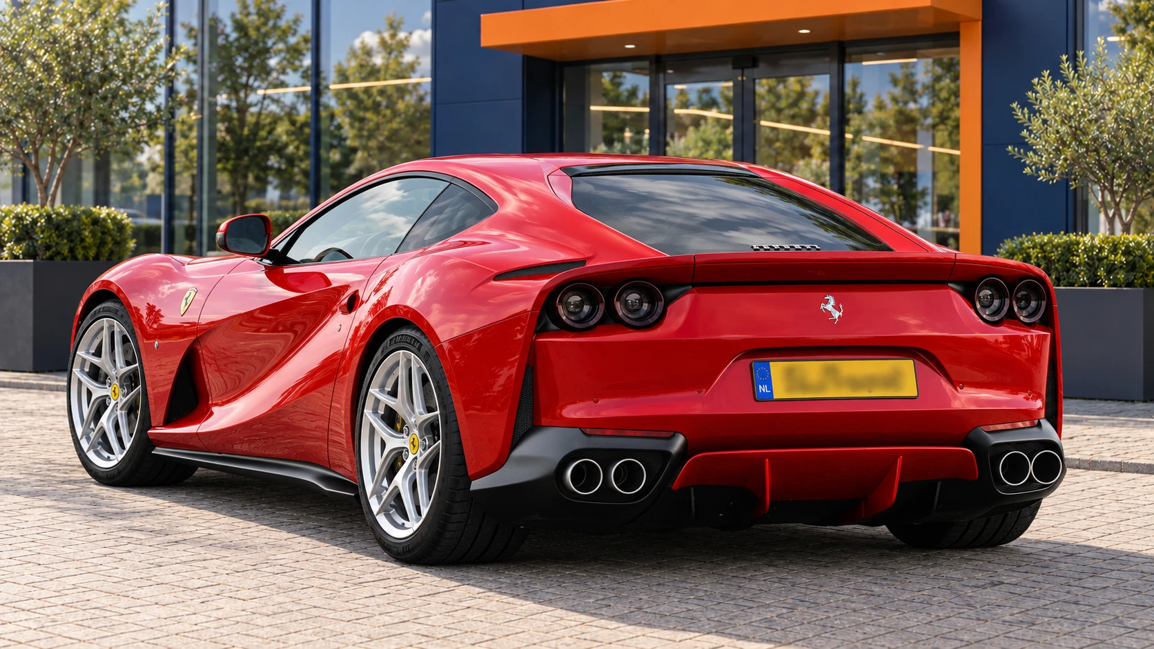 Achterzijde van dezelfde rode Ferrari 812 Superfast Coupé