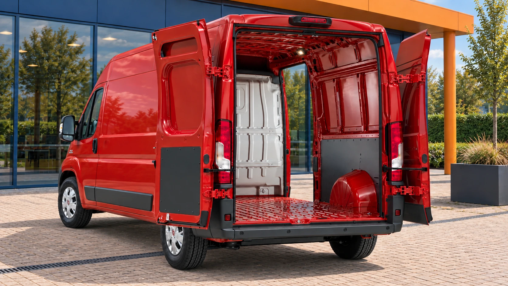 Achterzijde van dezelfde rode Fiat Ducato met geopende achterdeuren