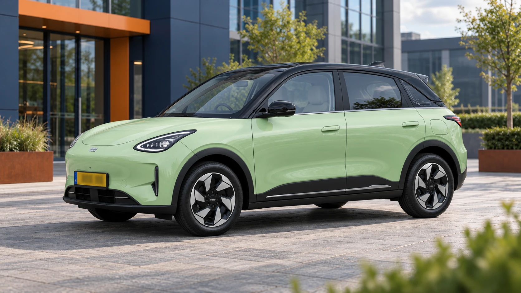 Zijaanzicht van dezelfde lichtgroene Geely E2 met zwart dak