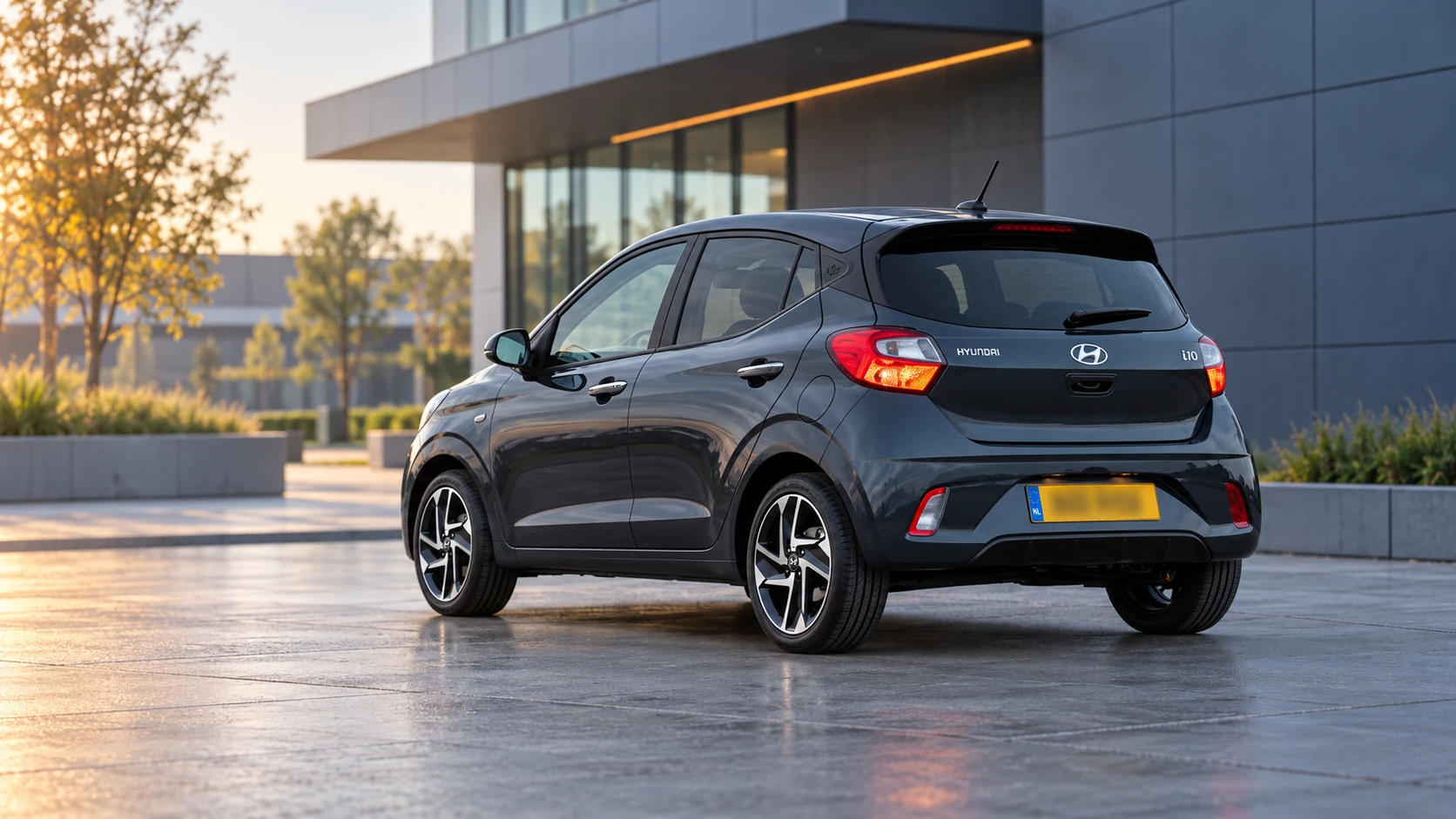 Dezelfde donkergrijze Hyundai i10, schuin van achteren