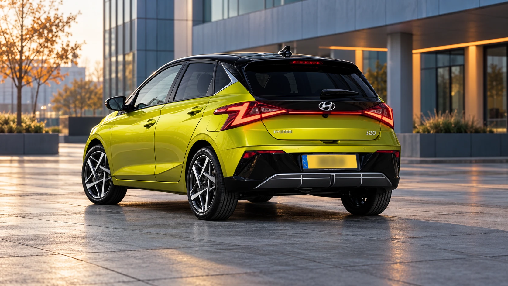 Dezelfde geelgroene Hyundai i20 van de faceliftgeneratie, schuin van achteren