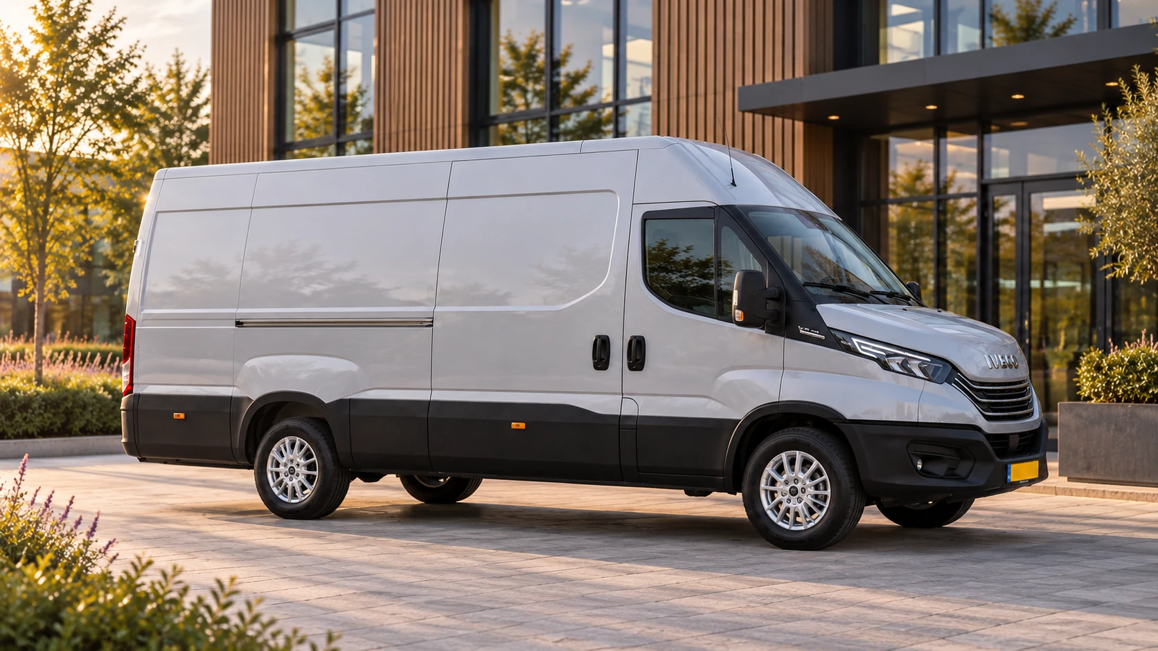 Zijaanzicht van dezelfde zilvergrijze Iveco Daily gesloten bestelwagen