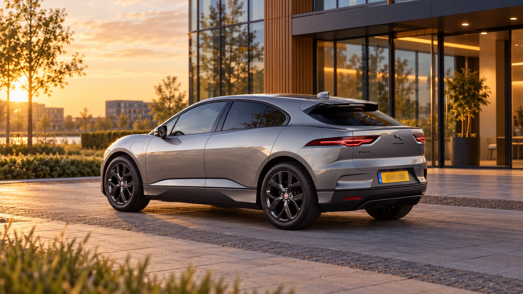 Dezelfde zilvergrijze Jaguar I-Pace SUV, schuin van achteren